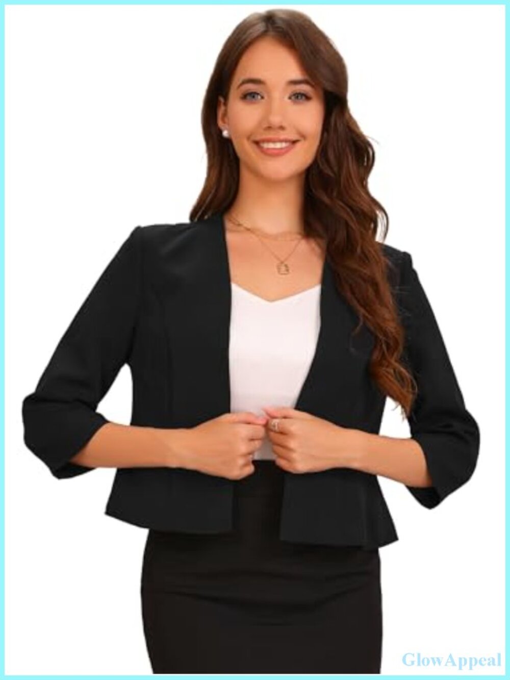 Elegant Cropped Blazer Collarless 3/4 Sleeve Open Front Peplum Business Suit